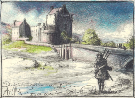 Bagpiper in front of Eilean Donan Castle