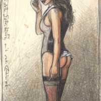 Undressed Secretary with red stockings