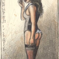 Undressed Secretary with red stockings