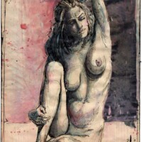 Nina in blue in front of a pink wall