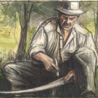 Farmer prepares his sythe
